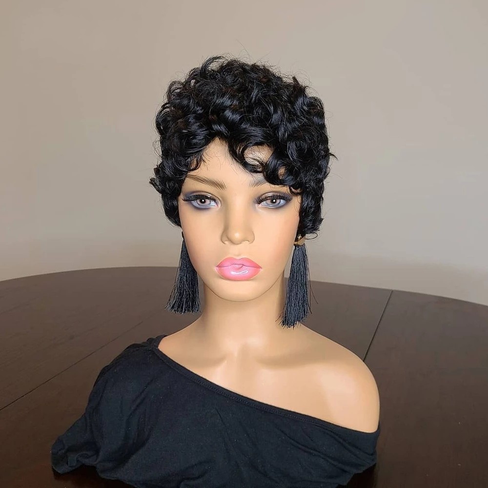 Short Bob Pixie Cut Brazilian Human Hair Wigs With Bangs For Woman Natural Color Curly No Lace Front Wig