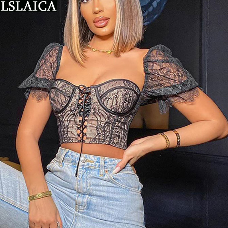sexy lace women blouses black see through square collar casual tops puff sleeve fashion bandage streetwear 210520