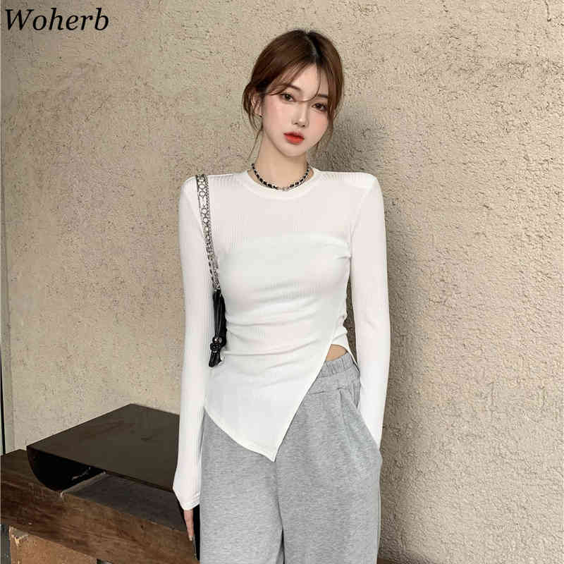 Blusas Mujer Spring White Knitted Long-sleeved Sweater Basic Shirt Women O Neck Irregular Split Slim Fit All-match Tops 210422