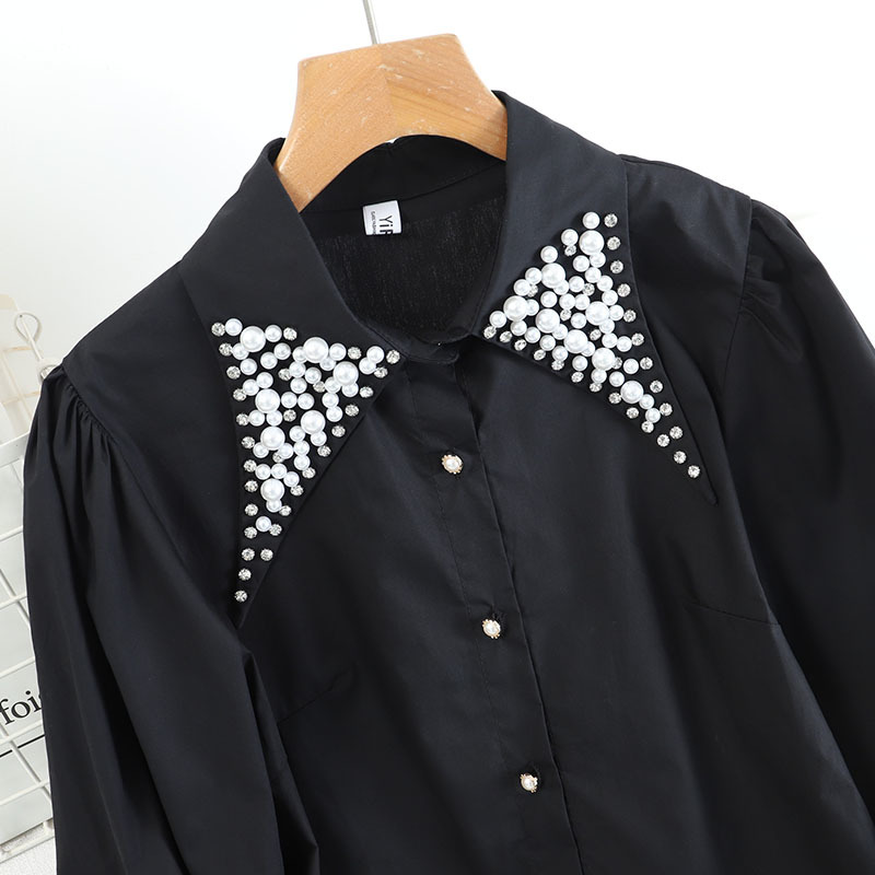 Kimutomo Chic Korean Style Blouse Women Heavy Beading Turn-down Collar Long Sleeve Single Breasted Shirt Outwear Elegant 210521