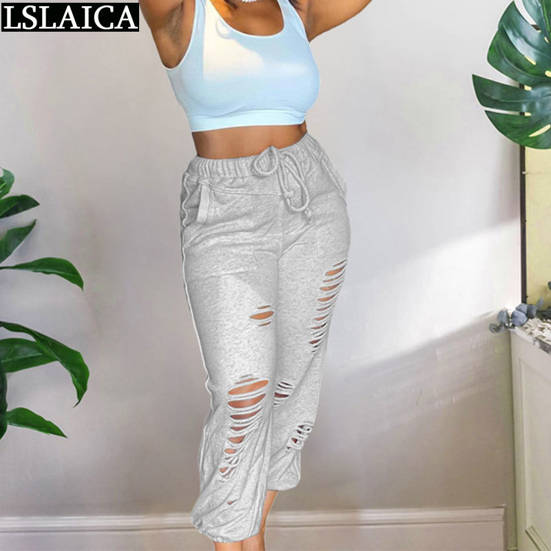 Woman Pants Sport Casual Loose Drawstring Pocket Hole Trousers Women Fashion Sale Solid Elastic Waist Pantalones Para Mujer 210515