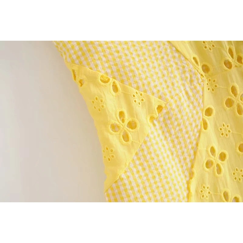 Women Sexy Yellow Lace Spliced Plaid Trim Spaghetti Strap Mini Dress Romantic Lady Backless Sleeveless Party Club Bodycon 210429