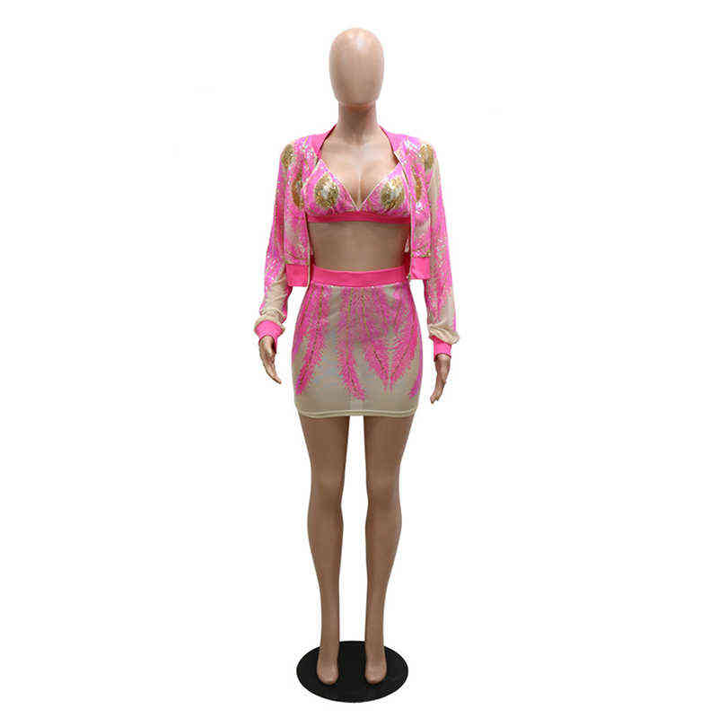 Beyprern Chic Sequins Skirt Set And Matching Jacket 3 Pieces Suits Womens Sequins Bodycon Matching Set Birthday Outfits 211109