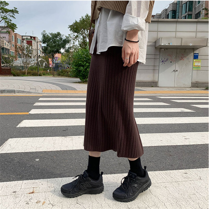Stylish Vintage Sweet Winter Brief Elastic Waist Women High Quality Casual Slim Knitted Split Skirts 210421