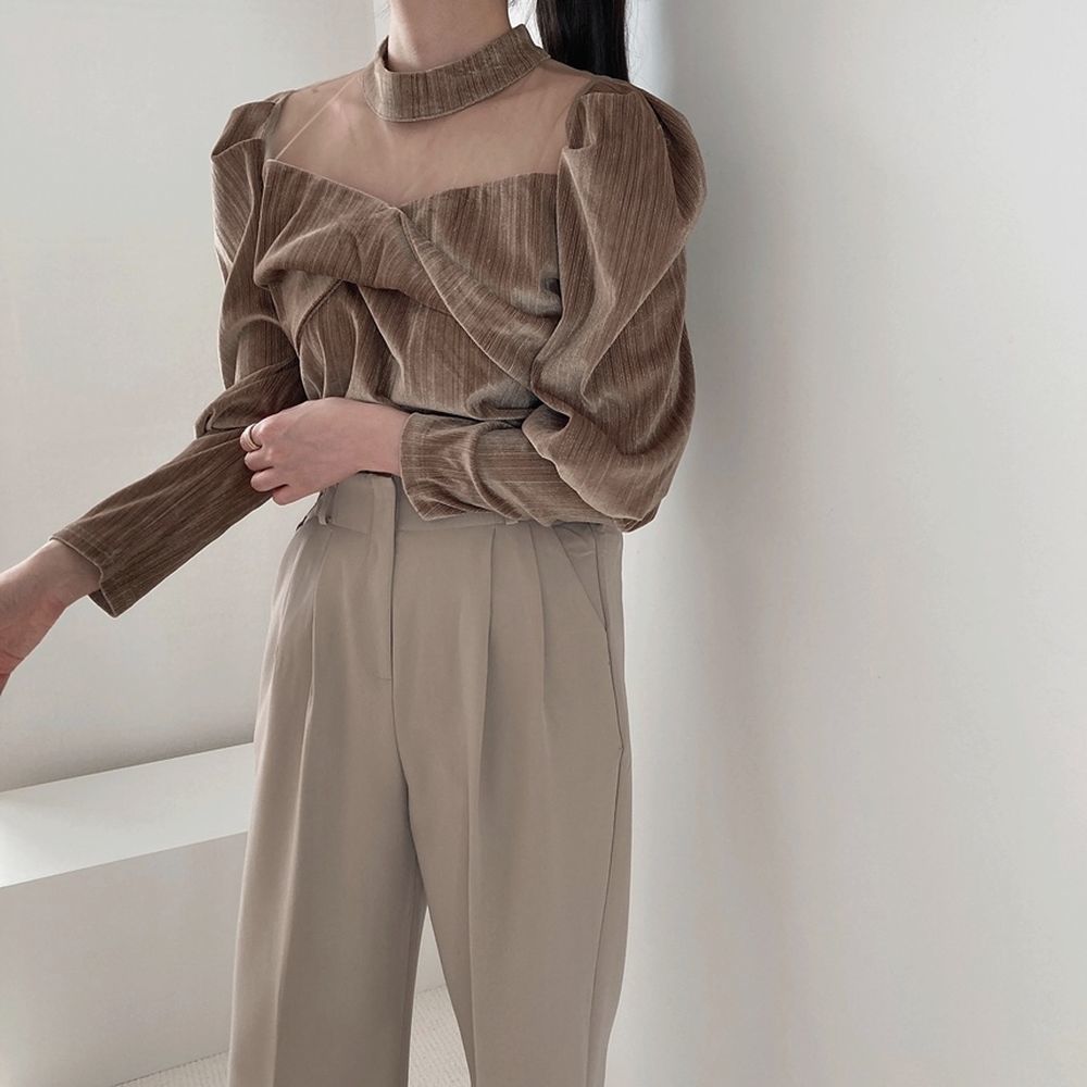 Elegance Puff Sleeves Patchwork Women Slim Gentle Mesh Work Wear Stylish Brief Office Lady Basic Shirts 210421