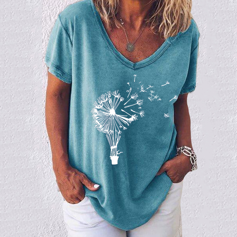Plus Size Women Dandelion Print T-shirts Casual V-Neck T-shirt Solid Color Short Sleeve Tops Summer Elegant Lady Pullover 5XL 210515