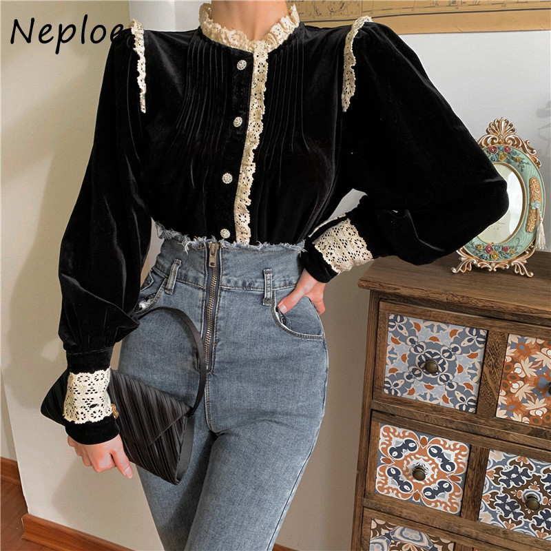 Elegant Lace Patchwork Velour Blouse Women Stand Collar Long Sleeve Single Breast Blusas Spring Shirt Feminino 210422