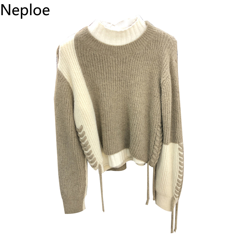 Neploe Korean Sweater Women Drawstring Knitted Pullovers Winter Clothes Woman Solid Color Chic Jumper Coat Female 4G602 210422
