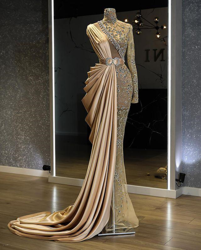 Aso Ebi Arabic Gold Urious Mermaid Evening Beaded Crystals Prom Dresses High Neck Formal Party Second Reception Gowns