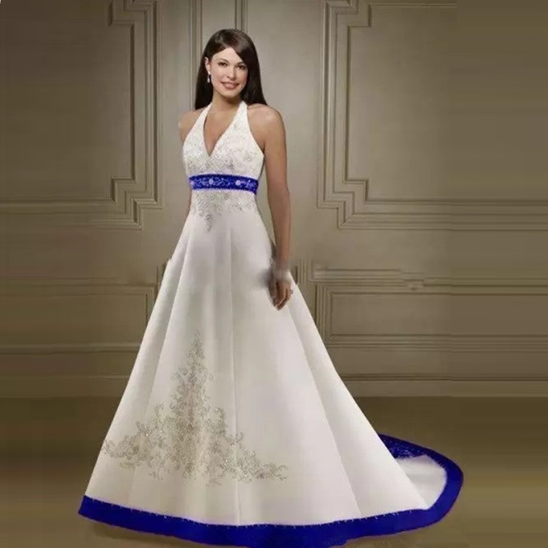 Vintage Ivory and Royal Blue Burgundy Satin A Line Wedding Gowns Dress Halter Neck Open Back Lace Up Court Custom Made Embroidery Wedding Bridal Dress