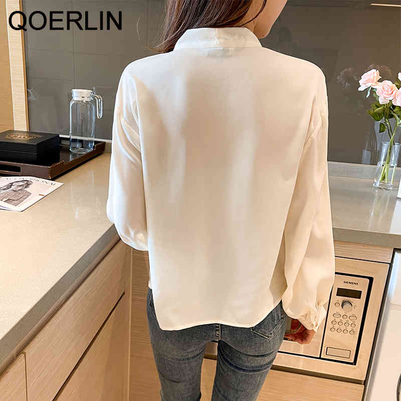 QOERLIN Chiffon Womens Blouse Elegant Spring Button Shirts Summer Bowtie Long Sleeve Solid Shirts Female Office Lady Tops 210412