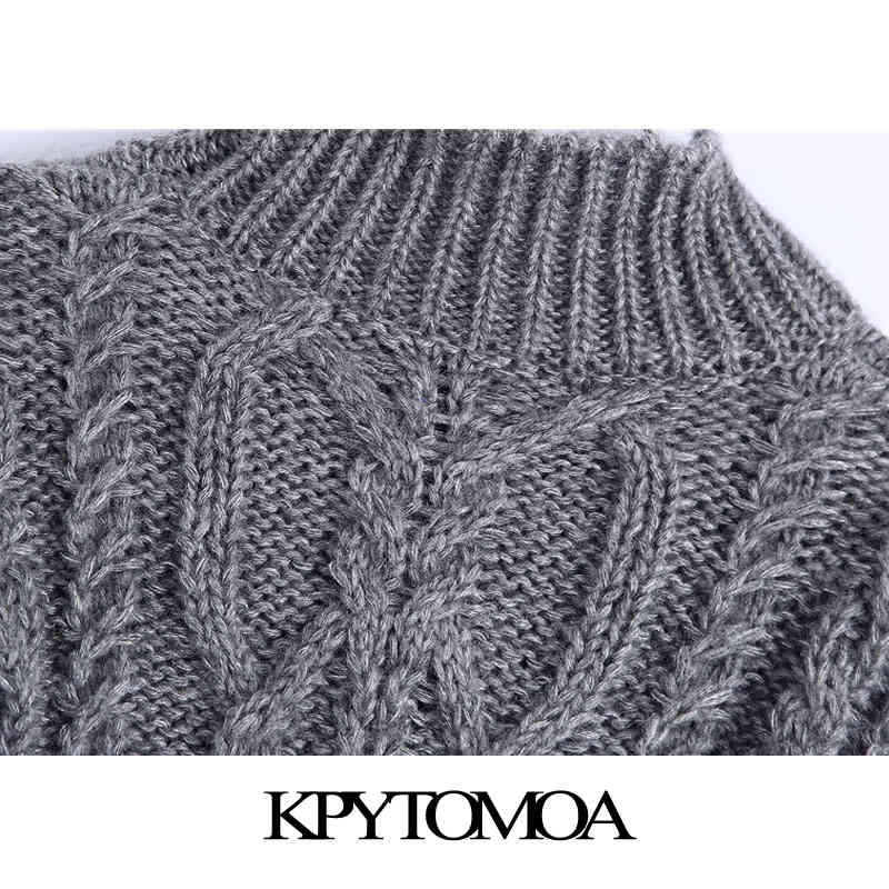 Women Fashion Asymmetric Cropped Cable-knit Sweater High Neck Lantern Sleeve Female Pullovers Chic Tops 210420
