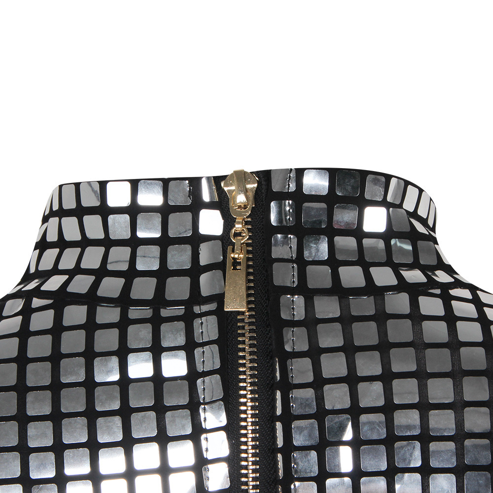 Sequins Dress Sexy Women Nine Points Sleeve Tight Buttock Club Party Silver High Collar Sequin Zipper Bodycon Mini es 210522