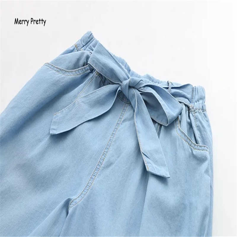 Merry Pretty Women Cowboy Wide Leg Pants Korean jean Fashion Loose Big Legs Elastic Waist Back Pocket Bow Solid Denim Lady 210526