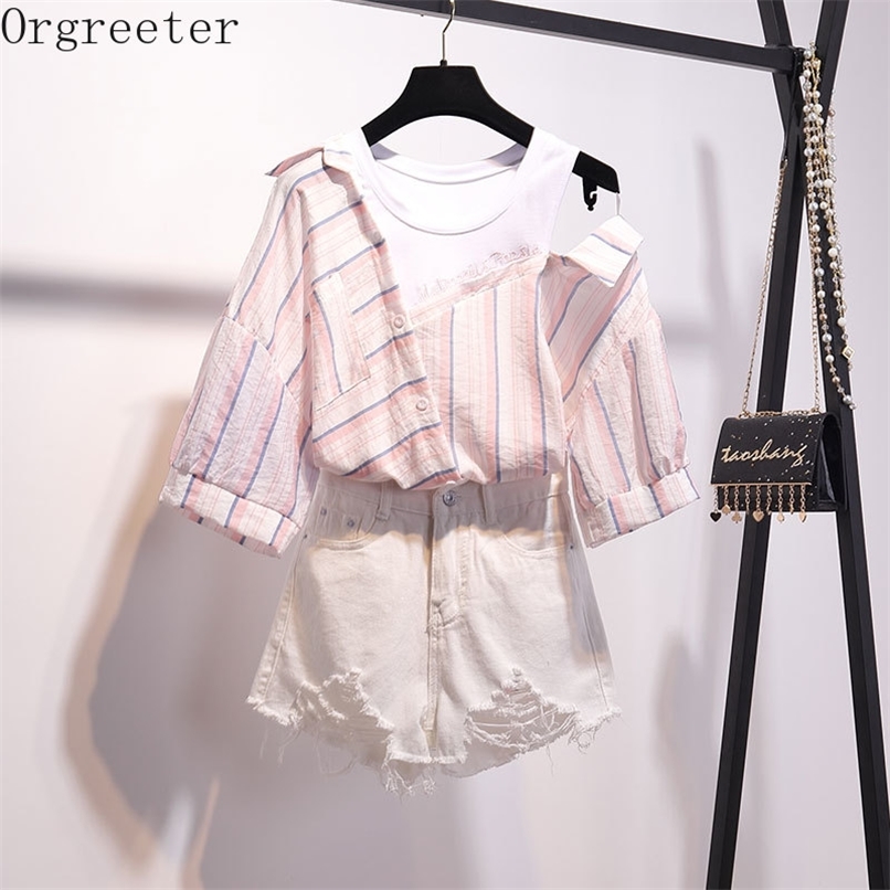 Preppy Style Female Korean Irregular Striped Splicing Letter Embroidery Shirt Blouse Hole Jean Shorts Two-Pieces Student Sets 210602, Yellow blouse
Preppy Style Female Korean Irregular Striped Splicing Letter Embroidery Shirt Blouse Hole Jean Shorts Two-Pieces Student Sets 210602, Yellow blouse