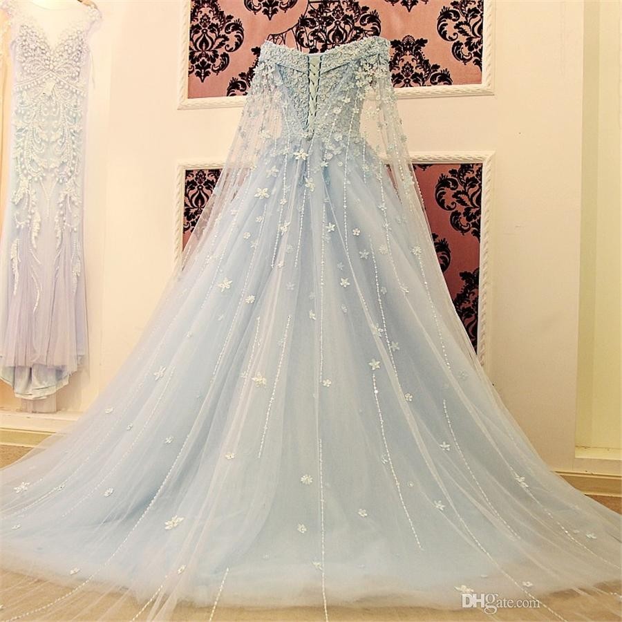 Off Shoulder Tulle Bridal Gowns A Line Wedding Dresses Amazing Sky Blue Handmade Flowers Pearls Beaded 2022 Vestidos De Noiva Mairage