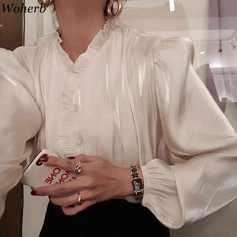 Women Casual Blouse Spring Summer Ruffle V-neck Puff Sleeve Luster Apricot Shirts Woman Fashion Korean Chic Tops Blusas 210519