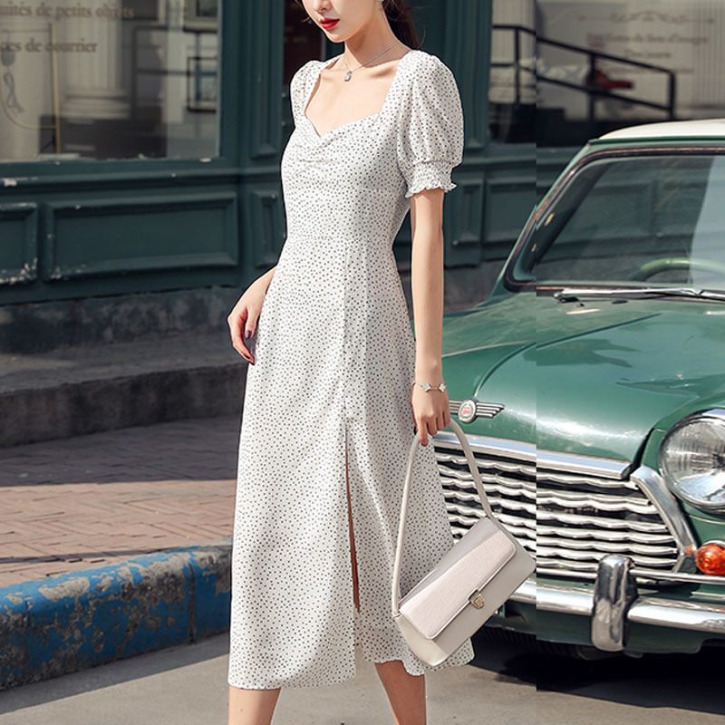 White Polka Dot High Waist Summer Dress Fashion Split Midi Long Elegant Woman Party Square Collar es 13278 210510