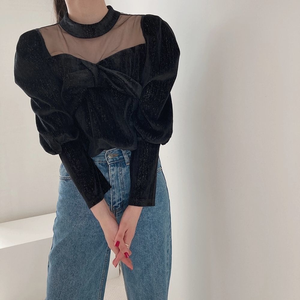 Elegance Puff Sleeves Patchwork Women Slim Gentle Mesh Work Wear Stylish Brief Office Lady Basic Shirts 210421