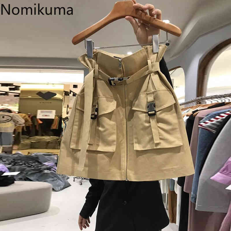 Nomikuma Safari Style Double Pocket Woman Skirts Zipper Belt High Waist Mini A-line Skirt Spring Summer Mujer Faldas 6G670 210427