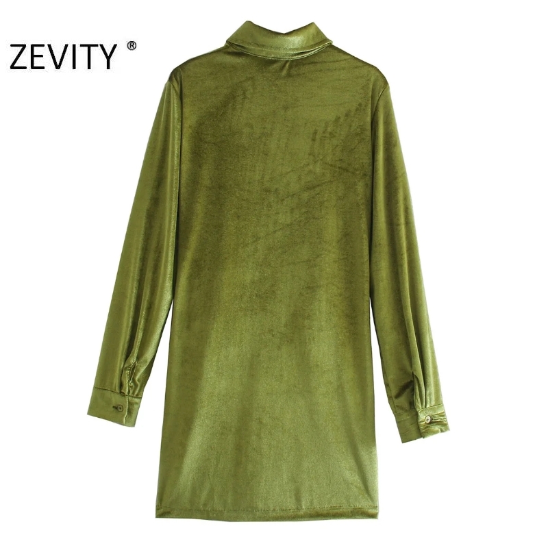 Zevity Autumn Fashion Women Orange Green Color Pleated Single Breasted Slim Shirt Dress Female Long Sleeve Velvet Vestido DS4617 210409