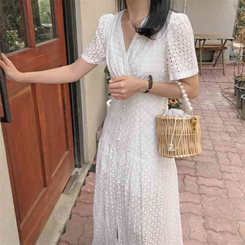 Lace Hollow Out White Embroidered Flower Dress Women's Fashion French Elegant High Waist V-Neck Vestidos 210520