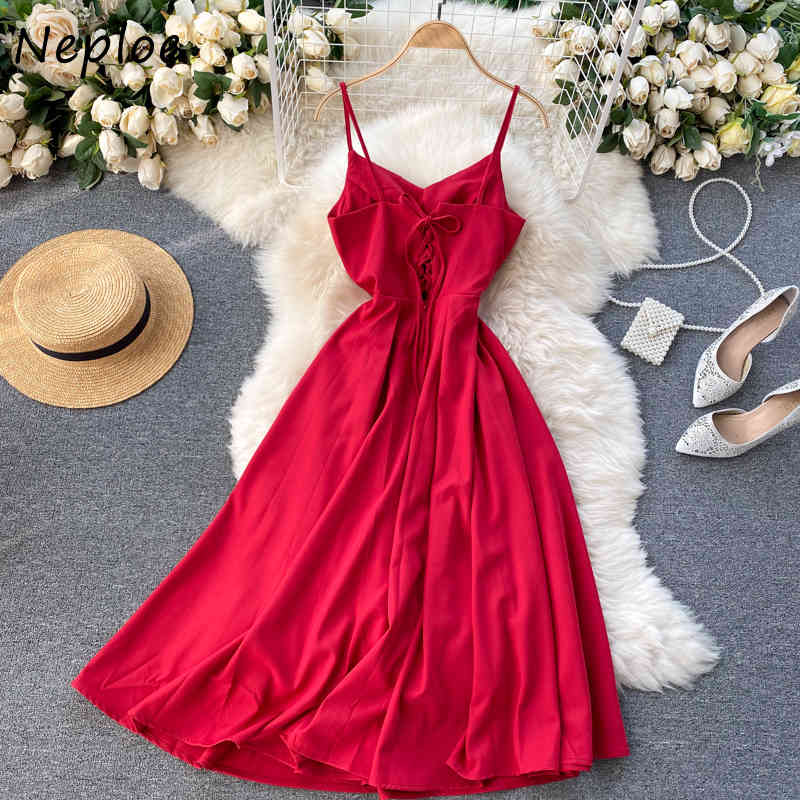 Neploe Sexy Sleeveless Camis Dress Women High Waist Hip A Line Slim Long Vestidos Mujer V Neck Solid Summer Holiday Dresses 210422