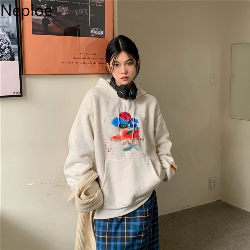 Neploe Rose Embroidery Sweatshirt Women Winter Clothes Vintage Hooded Oversized Outwear Streetwear Chic Fleece Hoodies Female 210422
