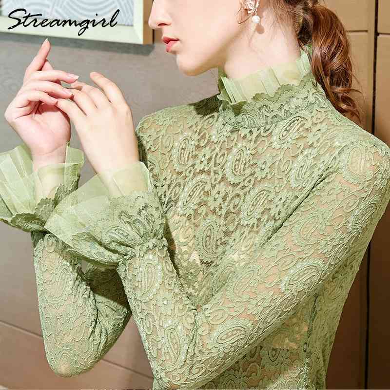 Lace Transparent Blouse Embroided Women Tops Plus Size Elegant White Blouses Lace Ruffles Collar Blouse Long Sleeve Shirt 210421