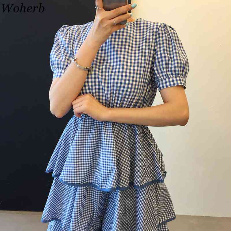 Fashion Short Sleeve Plaid Cake Dress Women Office Lady Korean Casual Loose All Match Streetwear Dresses Vestidos 210519