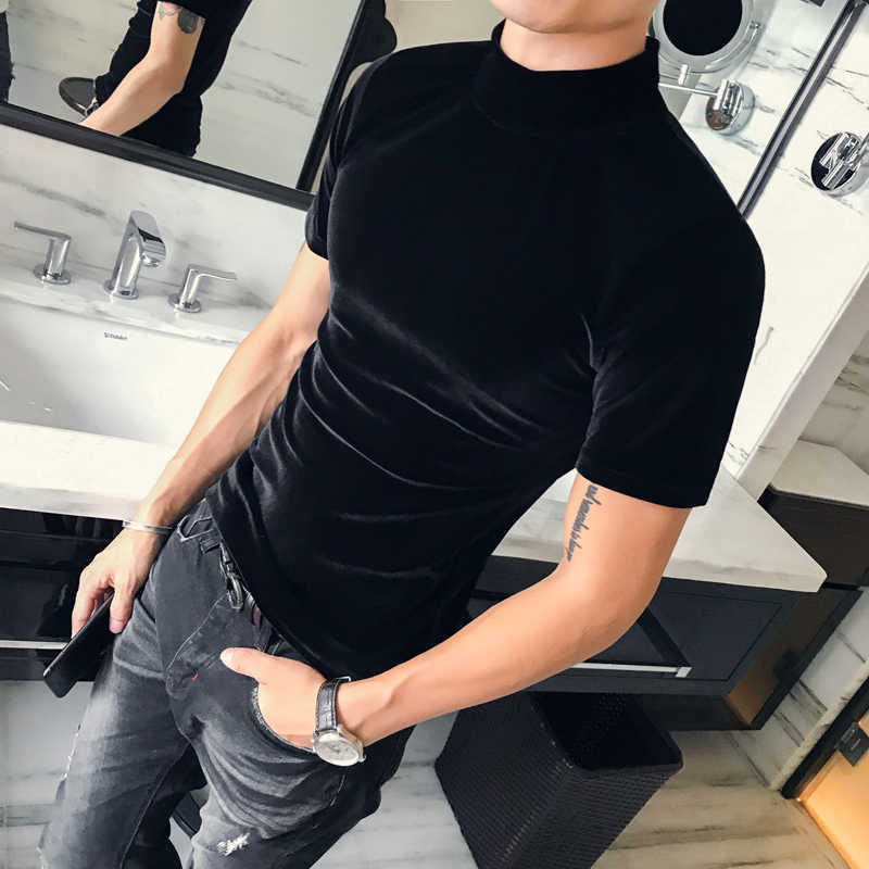 Autumn Winter T Shirt Men Fashion Turtleneck Streetwear Mens T-s Short Sleeve High Quality Velvet Tee Homme 3XL 210629