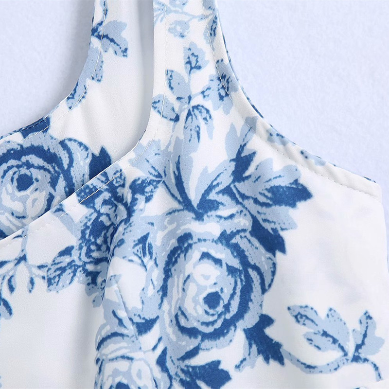Sweet Women Square Collar Dress Summer Fashion Ladies Chinese Style Female Blue White Porcelain Sling 210515