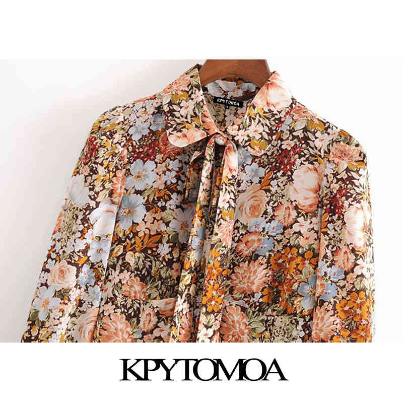 Women Fashion With Bow Tied Floral Print Cropped Blouses Long Sleeve Button-up Female Shirts Chic Tops 210420