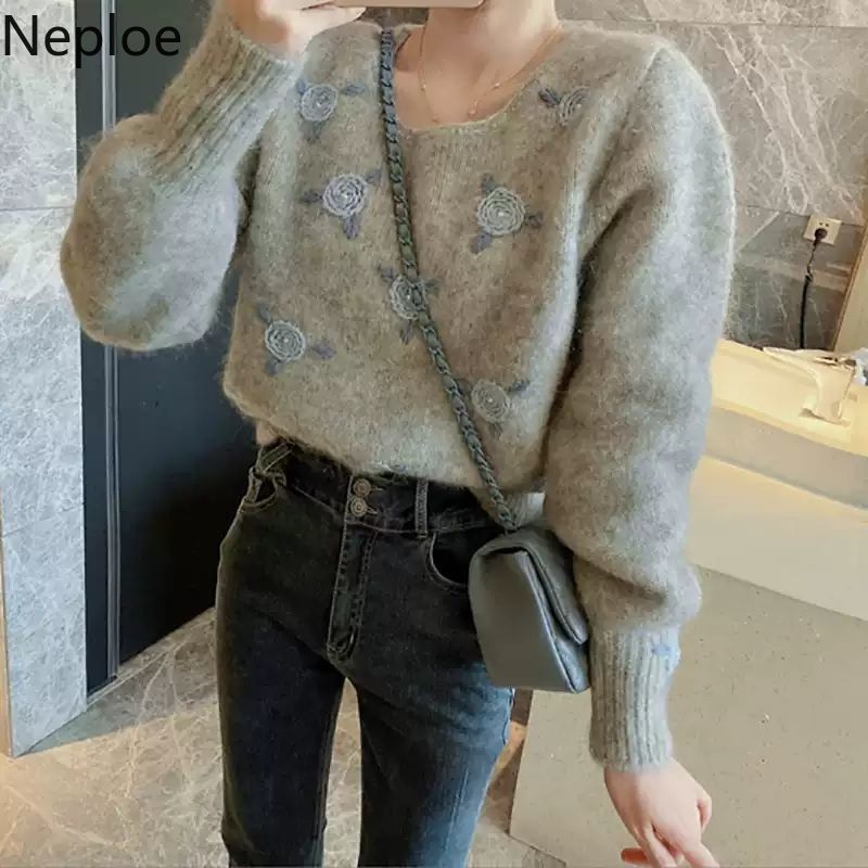 Neploe Korean Woman Sweater Pull Femme Fashion Crochet Embroidery Flower Pullover Vintage Long Sleeve Knit Tops Women Clothes 210422