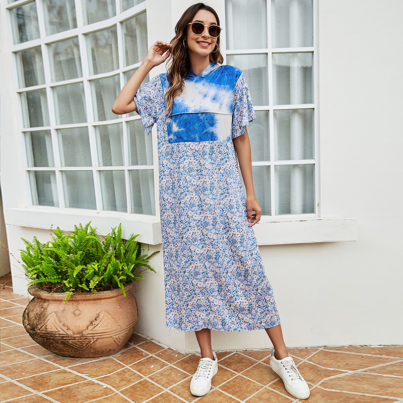 INS Summer New Patchwork Large Swing Dress Tie-Dyed Floral Stitching Dress Half Sleeves Loose Casual Hooded Dress, Blue
INS Summer New Patchwork Large Swing Dress Tie-Dyed Floral Stitching Dress Half Sleeves Loose Casual Hooded Dress, Blue