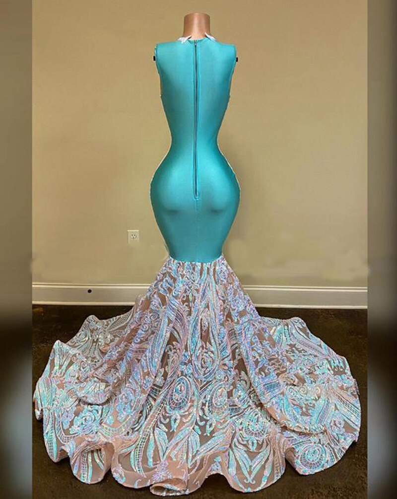 Sparkly Sequined Lace Mermaid Prom Dresses Illusion Deep V Neck Evening Gowns Sweep Train Custom Made Plus Size Formal Dress