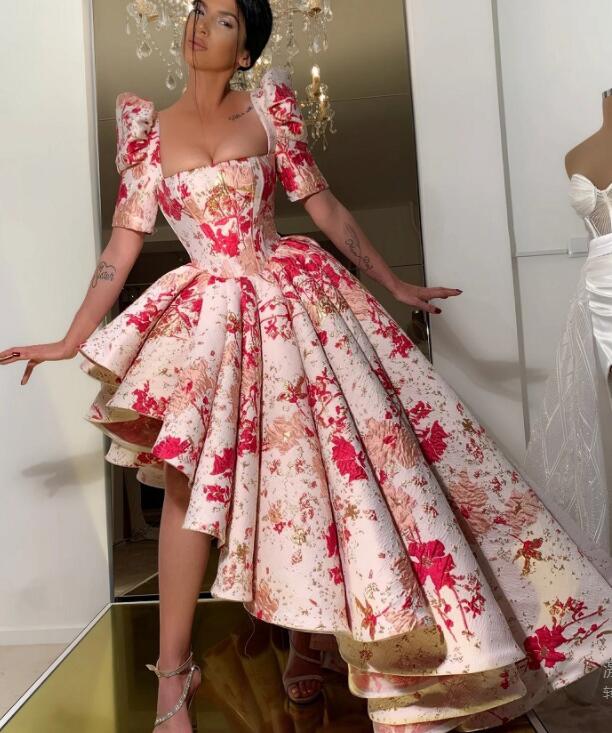 2021 Plus Size Arabic Aso Ebi Printed Sexy Stylish Prom Dresses Short Sleeves Satin A-line Evening Formal Party Second Reception Gowns ZJ335