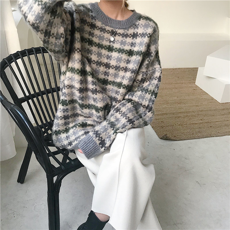 Lazy Style Plaid Women Office Lady Thicken Fashion Geometric Tops Arrival OL All Match Elegant Knitted Sweaters 210421