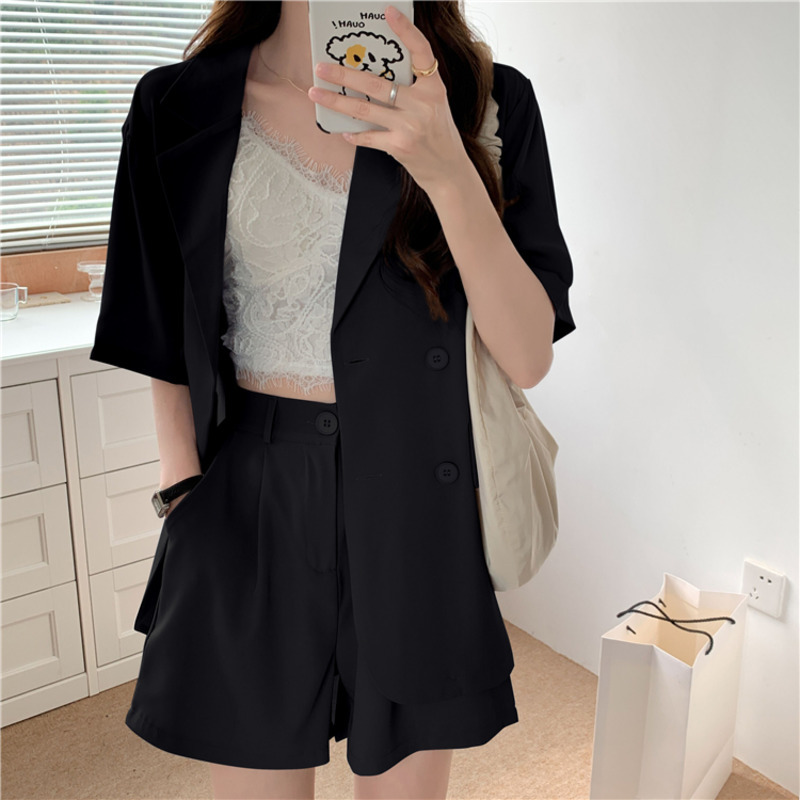 Summer Fashion Short Sleeve Blazer 2 Piece Set Korean Loose Casual Jacket Thin Elastic High Waist Shorts Suits Women Outfits 210515
