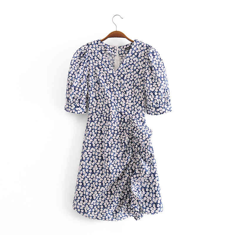 beauty Fashion Casual Chic Chrysanthemum Print Midi Dress Women Holiday Ruffles V-neck Cotton Summer Ladies Dresses 210514