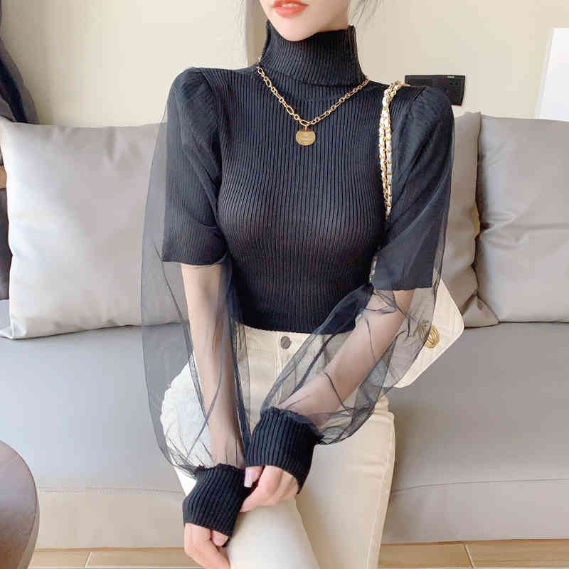 Fashion Pullover Jumper Knitted Sweater Women Office Lady Puff Sleeve Mesh Women Sweaters Turtleneck Female Clothing 12745 210518