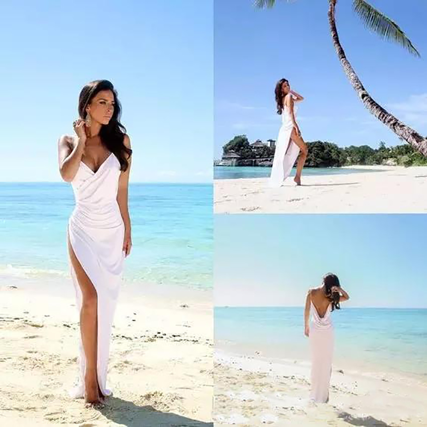 2022 Sexy Beach Wedding Dresses Deep V Neck Spaghetti Straps Side Split Bridal Gowns White Chiffon Open Back Sheath Column Summer Cheap Dress