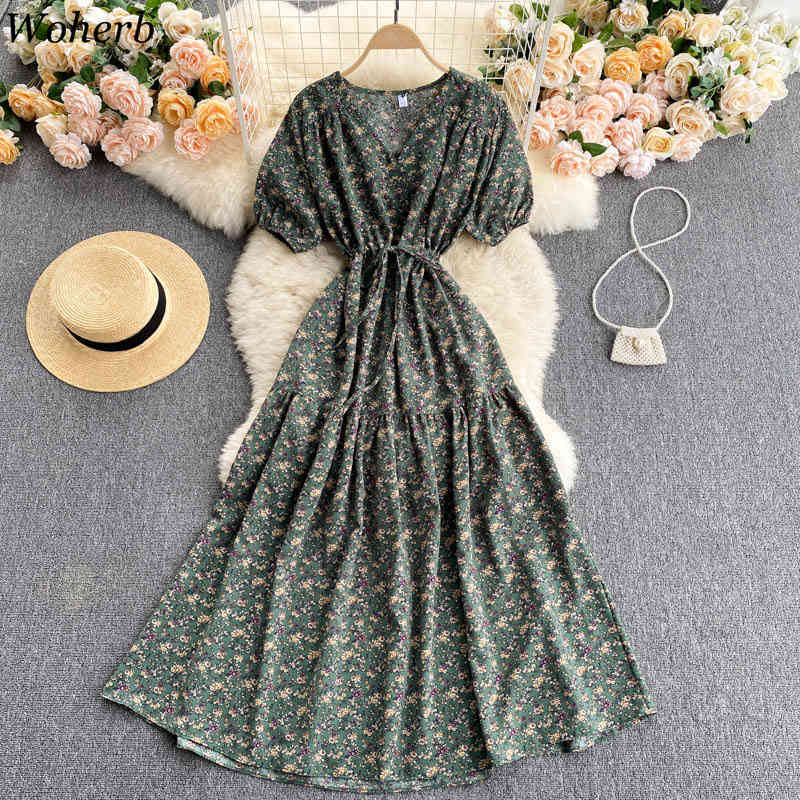 Korean Vintage Floral Print Party Long Dress Women V-neck Puf Sleeve Beach Holiday Midi Dresses Chic Sweet Robe Femme 210519