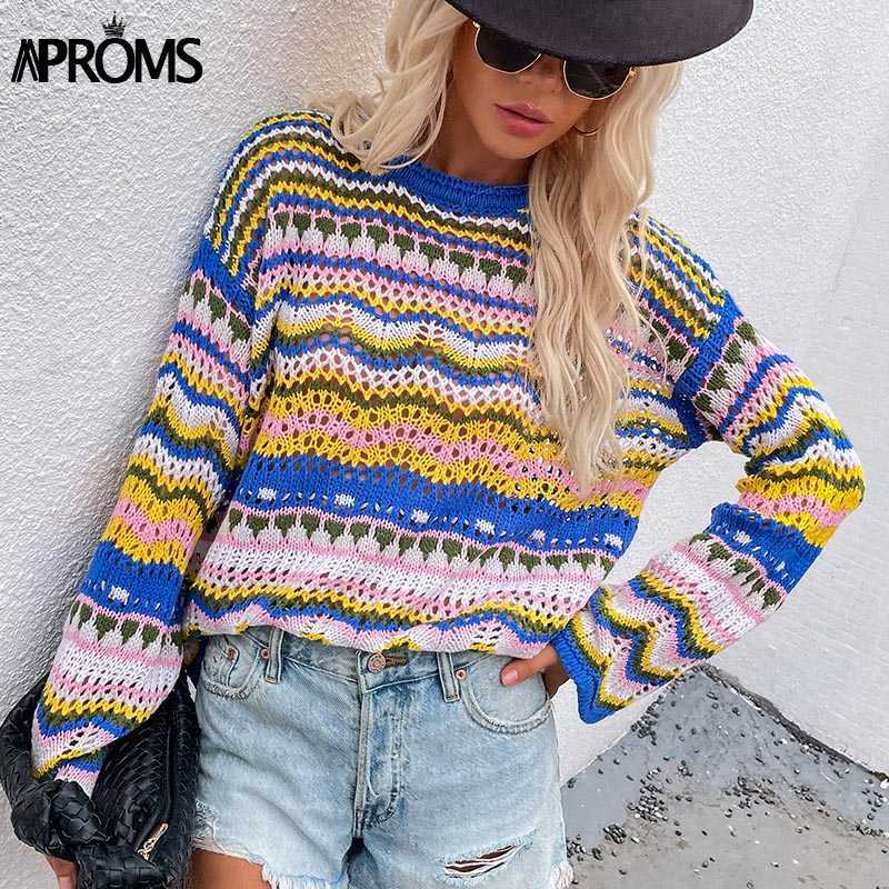 Aproms Multi Color Blocked Knitted Pullover Women Summer Casual Flare Sleeve Hollow Out Sweater Cool Girls Fashion Jumper 211007