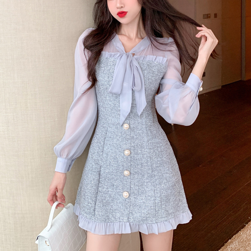 New Spring Vintage Sexy See-through Chiffon Patchwork Tweed Mini Dress Women Ribbon Bow Single-breasted Long Sleeve Party Dress 210409