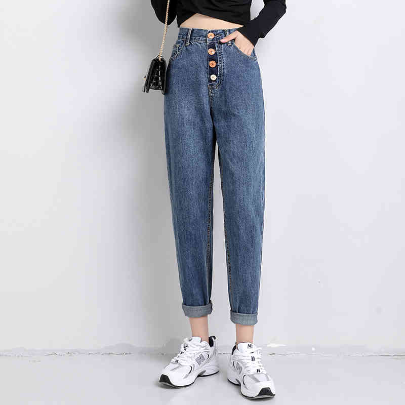 Loose Autumn High Waist Women Harem Pants Allmatch Fashion Buckle Buttons Denim Jeans 10792 210417