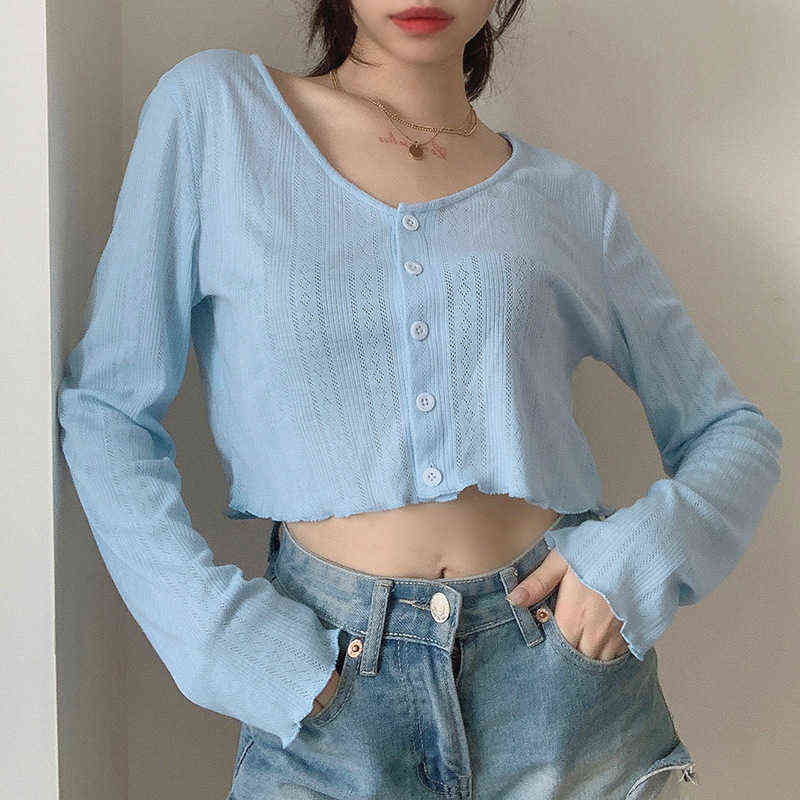 Korean Style Women's Knitted Crop Tops Solid Sexy V-Neck Short Cardigan Mujer Loose Long Sleeve Thin Sweater Woman Top Aesthetic 211117