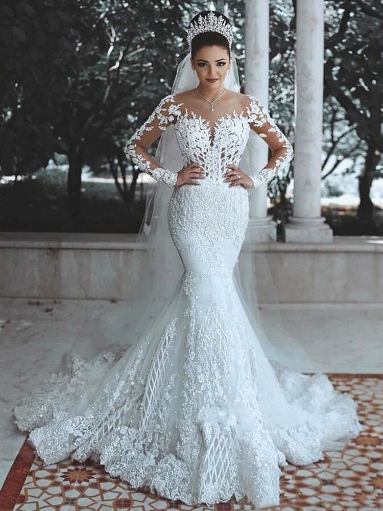2022 Spring Lace Mermaid Wedding Dress Illusion Bodice vestido de noiva Long Sleeve Sheer Neck Appliques Bride Dresses Arabic Dubai White Formal Brida