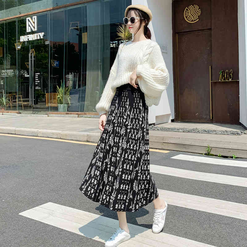 Elegant Pleated Knitted Warm Skirt Women Autumn Winter Korean Printing High Waist Female Ladies Faldas 210520