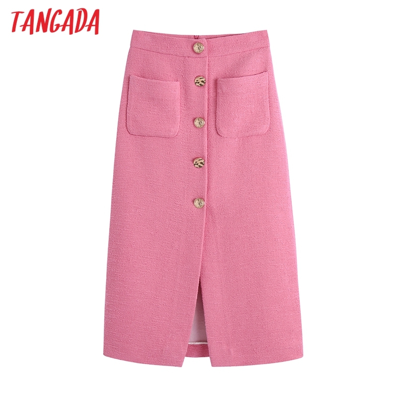 French Style Women Buttons Front Slit Pink Tweed Midi Skirt Vintage High Waist Zipper Female Skirts Mujer BE520 210416
